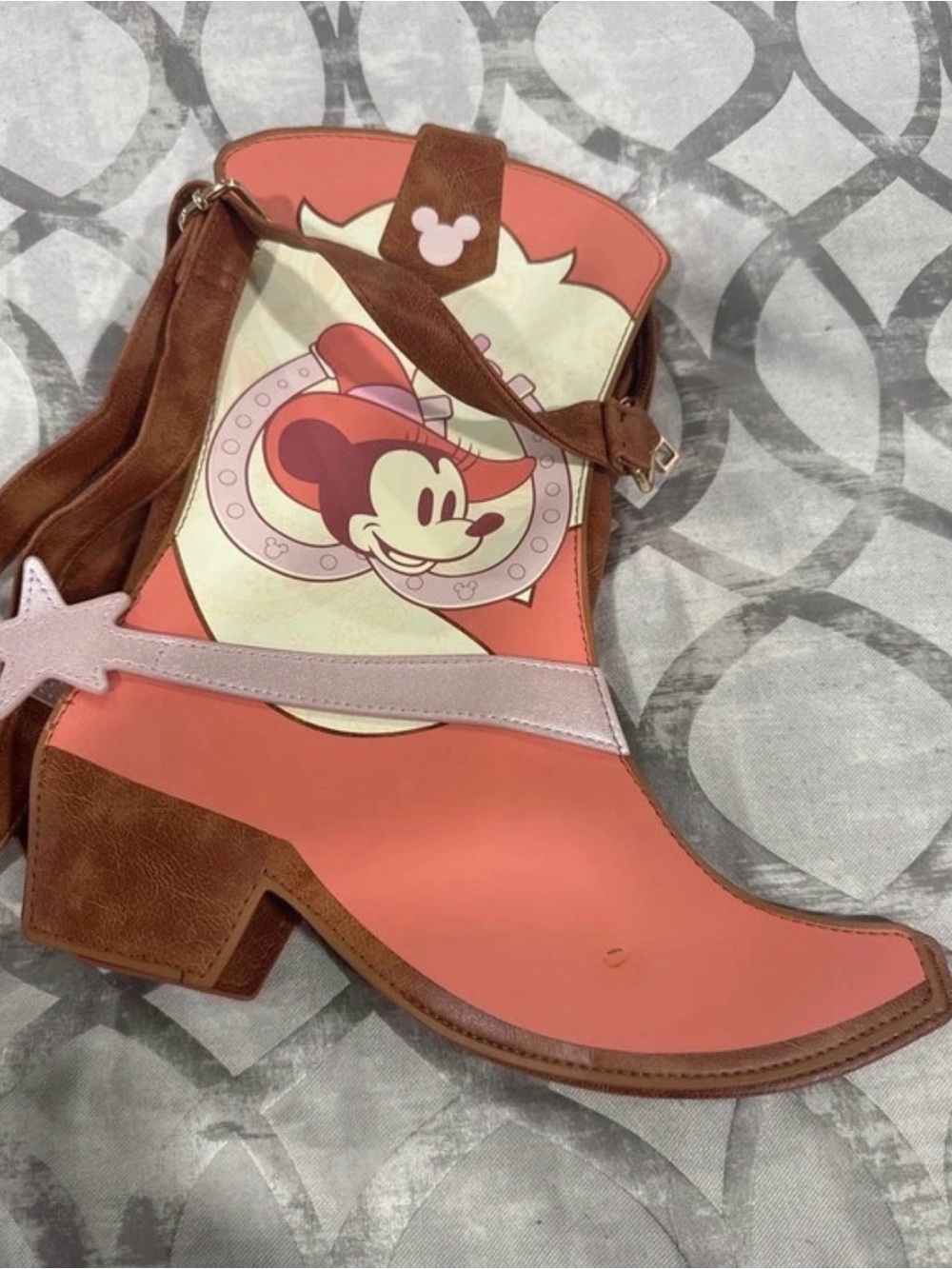 Disney Coral and Brown Minnie Mouse Western Boot Crossbody Bag